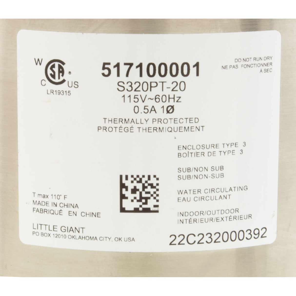 Pump, Circ, Little Giant S320PT-20, 115v, 335gph, 1/4" x 1/2" : 517100001