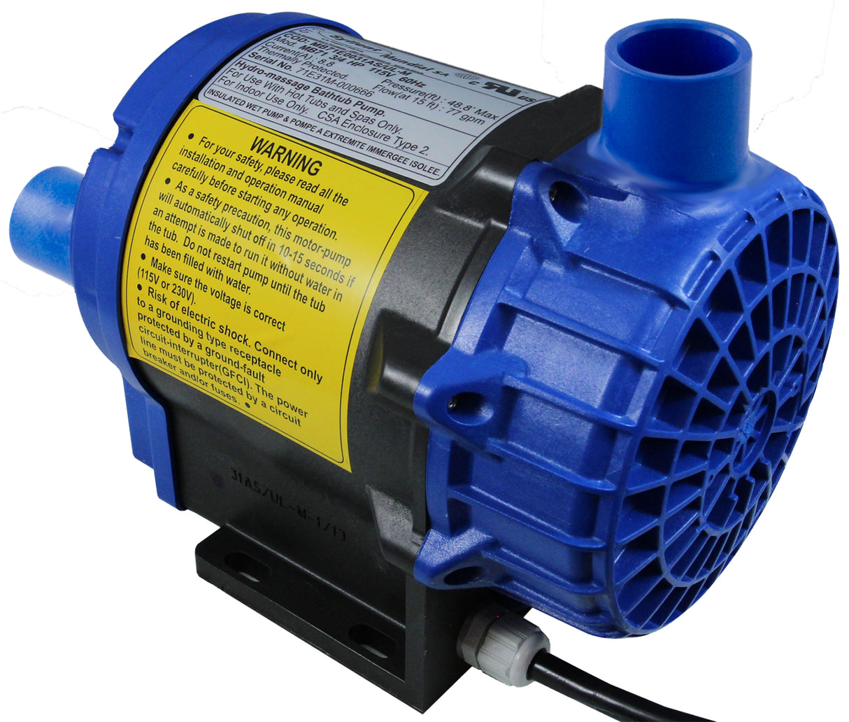 Pump, Syllent, 0.75 Horsepower, 115v, 100% Drain, JJ cord, OEM : MB71E0031AS/ULM - Mundial - MB71E0031AS/ULM - PartsForSpas.com