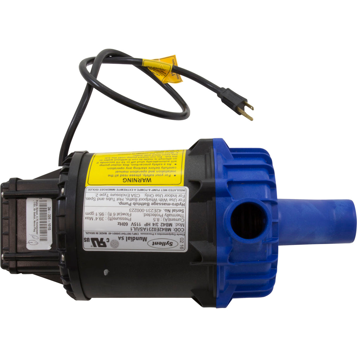 Pump, Syllent, 0.75 Horsepower, 115v, Nema Plug : MB42E0231AS/UL1