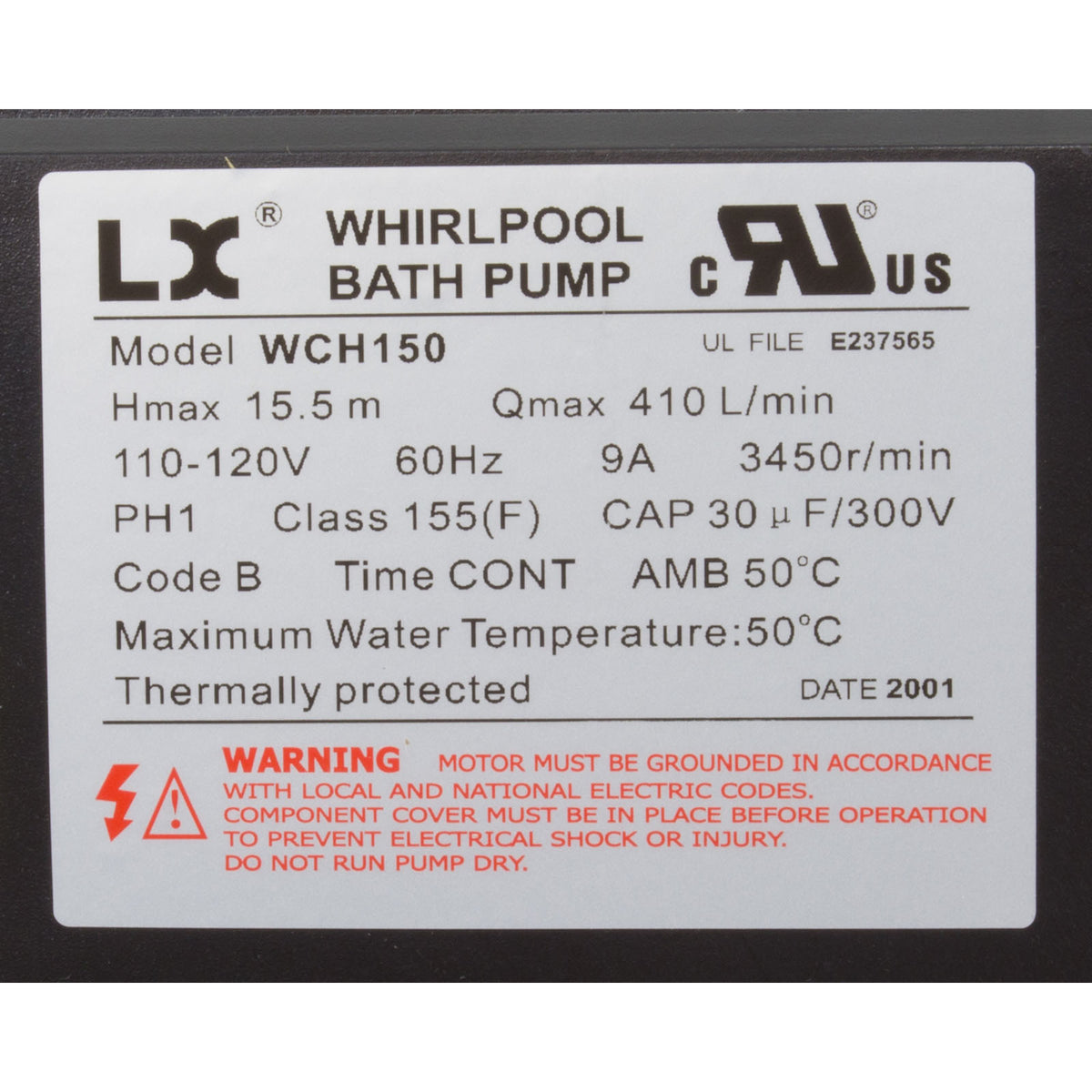 Pump, Bath, LX WCH, 9.0A, 115v, 1.5", w/Air Switch : WCH150