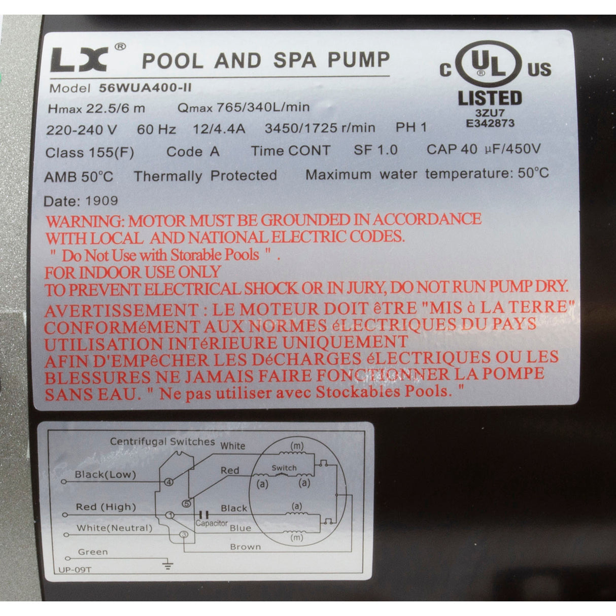 Pump, LX 56WUA, 4.0hp, 230v, 2-Spd, 56Fr, 2", SD : 56WUA400-II - Lingxiao (LX) Pump - 56WUA400-II - PartsForSpas.com