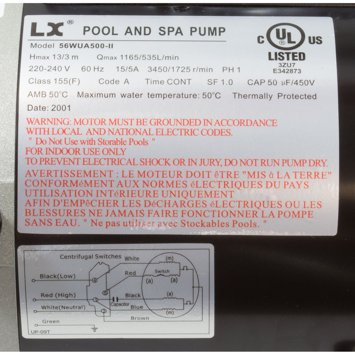 Pump, LX 56WUA, 5.0hp, 230v, 2-Spd, 56Fr, 2.5" x 2.5", SD : 56WUA500-II - Lingxiao (LX) Pump - 56WUA500-II - PartsForSpas.com