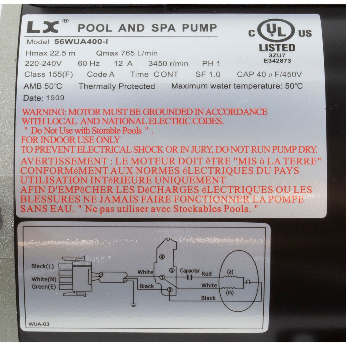 Pump, LX 56WUA, 4.0hp, 230v, 1-Spd, 56Fr, 2", SD : 56WUA400-I