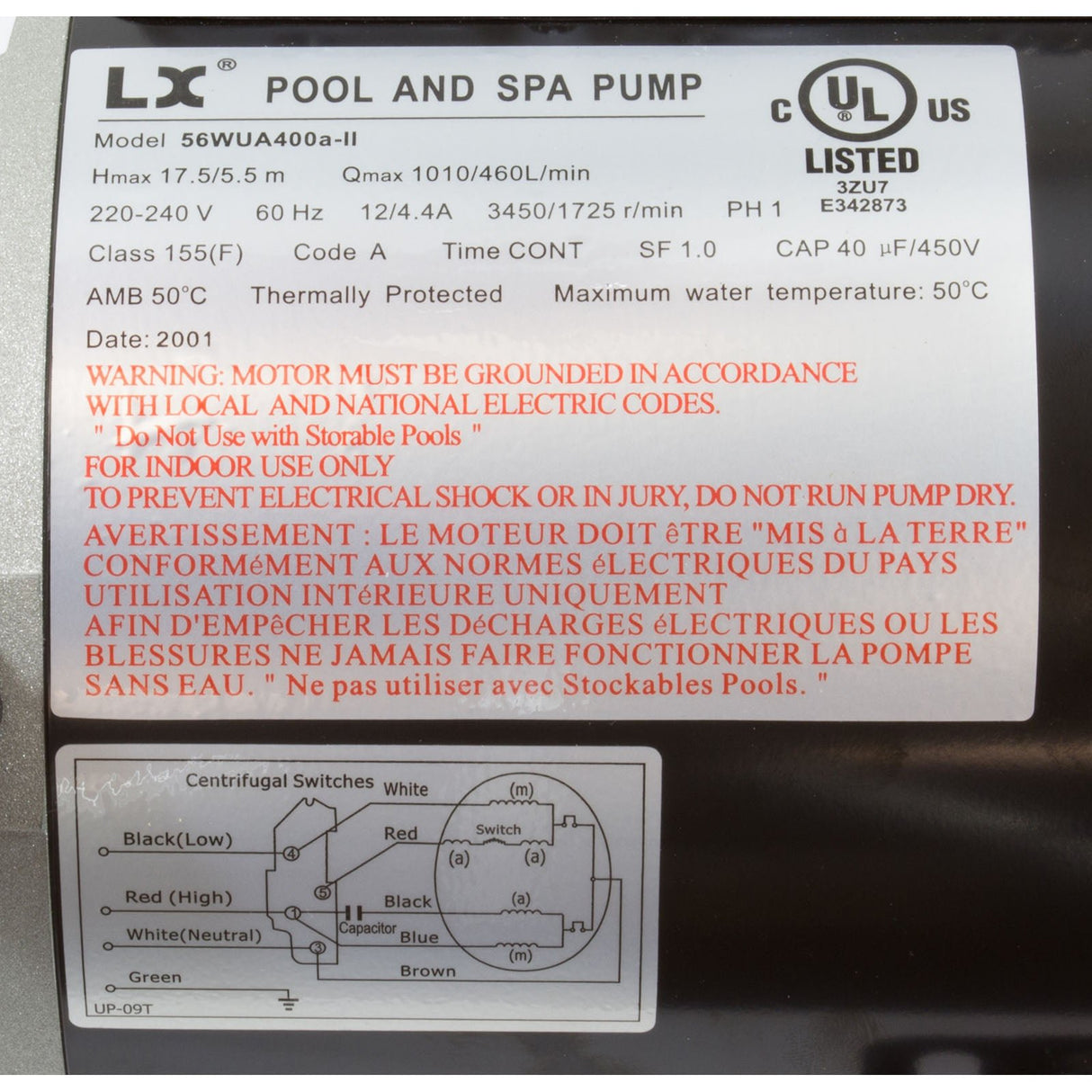 Pump, LX 56WUA, 4.0hp, 230v, 2-Spd, 56Fr, 2.5" x 2.5", SD : 56WUA400A-II - Lingxiao (LX) Pump - 56WUA400A-II - PartsForSpas.com
