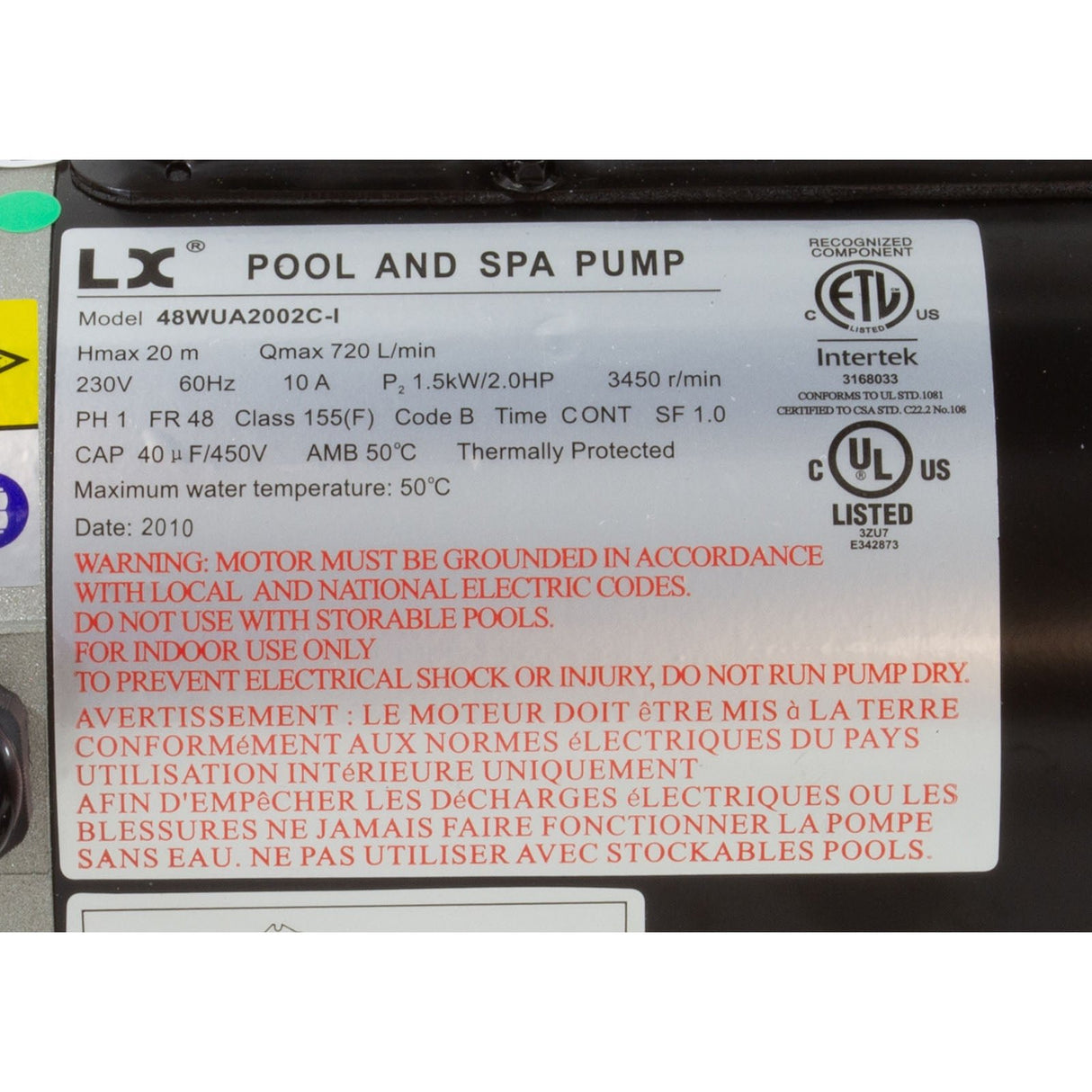 Pump, LX 48WUA, 2.0hp, 230v, 1-Spd, 48Fr, 2" : 48WUA2002C-I - Lingxiao (LX) Pump - 48WUA2002C-I - PartsForSpas.com