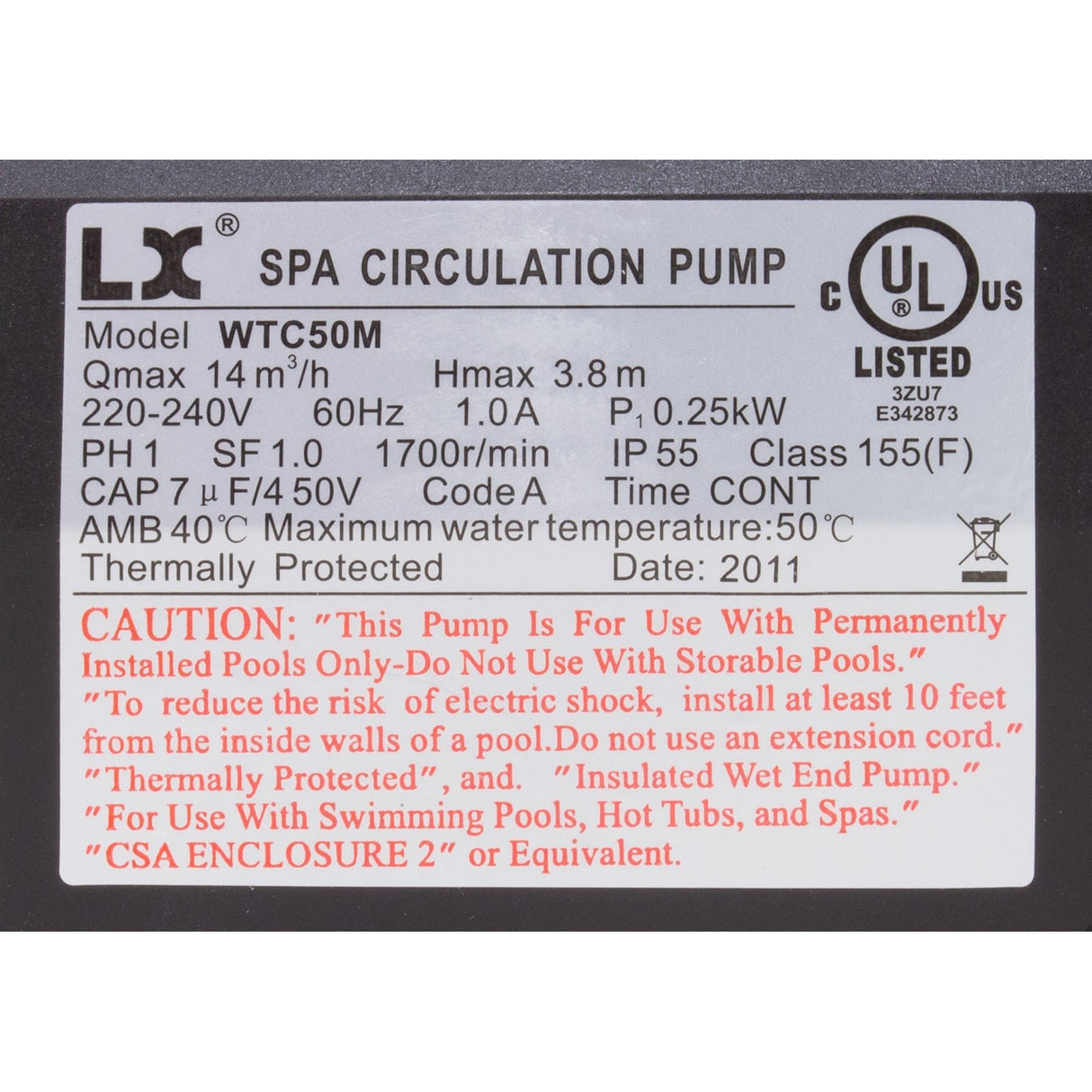 Pump, Circ, LX WTCM, 1/15hp, 230v, 48Fr, 1.5", After 7/2011 : WTC50MSTD - Lingxiao (LX) Pump - WTC50MSTD - PartsForSpas.com