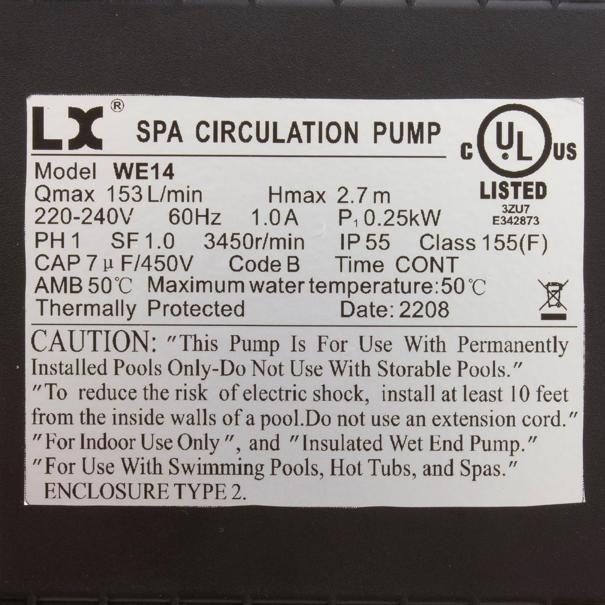 Pump, Circ, LX WE14, 230v, 3450rpm, 1.0A, 1-1/2"mbt : WE14 230V - Lingxiao (LX) Pump - WE14 230V - PartsForSpas.com