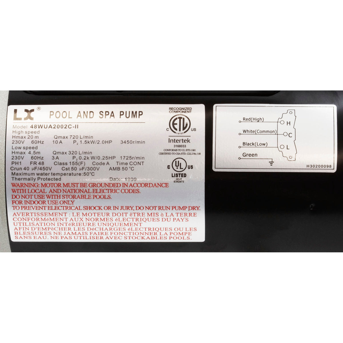 Pump, LX 48WUA, 2.0hp, 230v, 2-Spd, 48Fr, 2", SD, Bracketless : 48WUA2002C-II(NF)