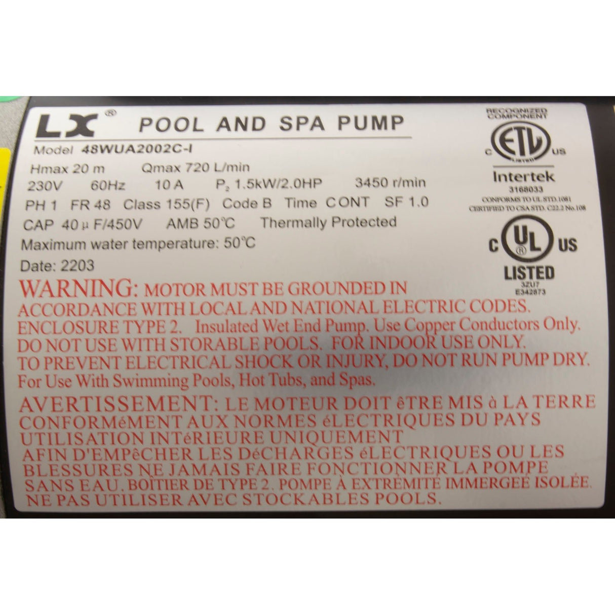 Pump, LX 48WUA, 2.0hp, 230v, 1-Spd, 48Fr, 2", SD, Bracketless : 48WUA2002C-I(NF) - Lingxiao (LX) Pump - 783362200089 - PartsForSpas.com
