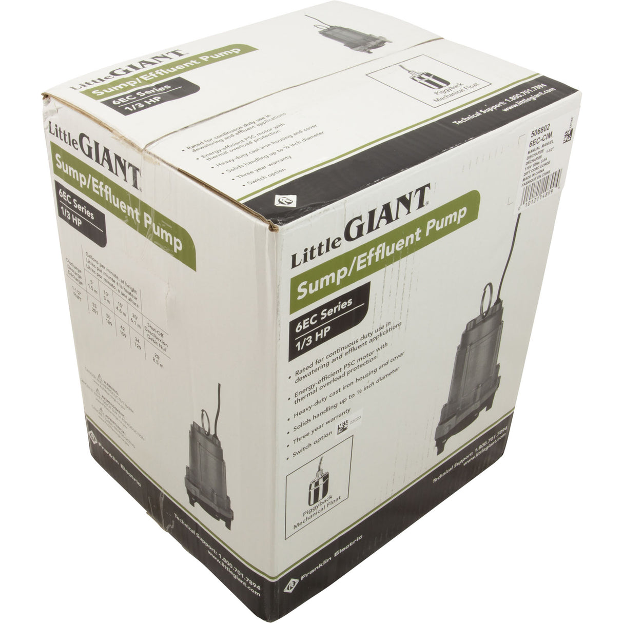 Pump, Sump, Little Giant 6EC-CIM, 115v, Plastic Base, 20ft Cord : 506802 - Little Giant / Franklin - 0010121148994 - PartsForSpas.com