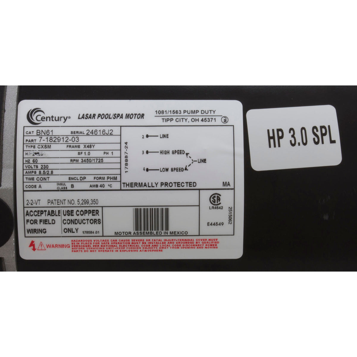 Unassembled Pump Kit, FMHP, 2hp, Century, 230v, 2Spd, 48fr, 1-1/2" : 02120000-1010HZW - AquaFlo/Century - 02120000-1010HZW - PartsForSpas.com