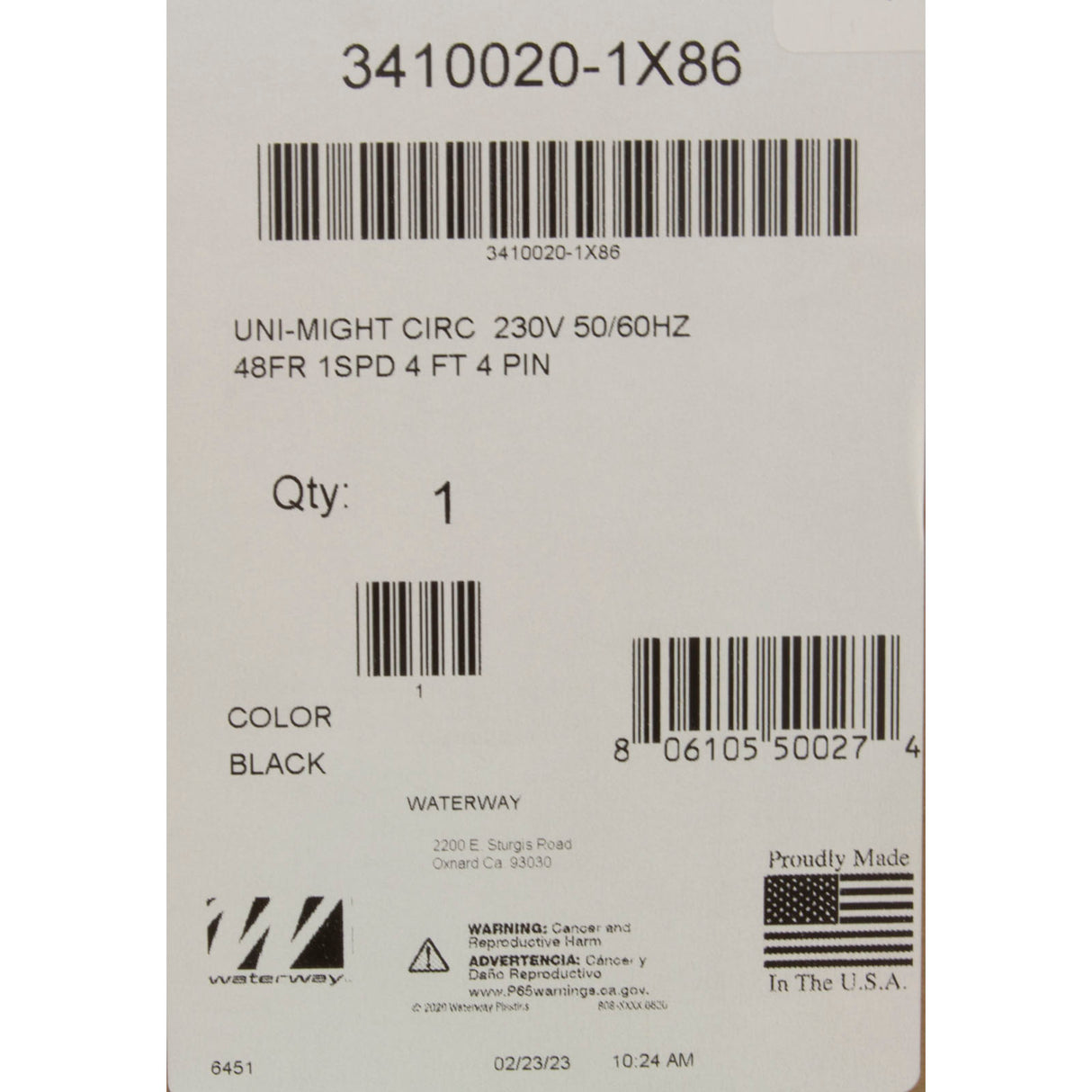 Pump, Circ, Waterway Uni-Might, 1/8hp, 230v, 1-Spd, 48Fr, 50/60Hz : 3410020-1X86 - Waterway Plastics - 806105500274 - PartsForSpas.com