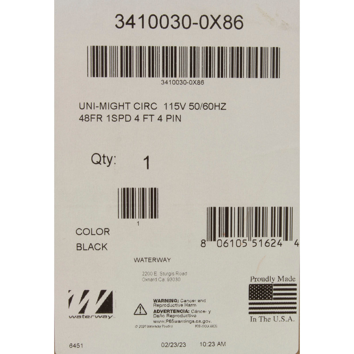 Pump, Circ, Waterway Uni-Might, 1/8hp, 115v, 1-Spd, 48Fr, 50/60Hz : 3410030-0X86