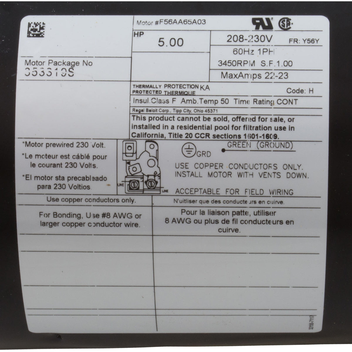 Motor, Pentair, 5.0hp, 230v, 1-Spd, 56Yfr, SQFL : 353319S