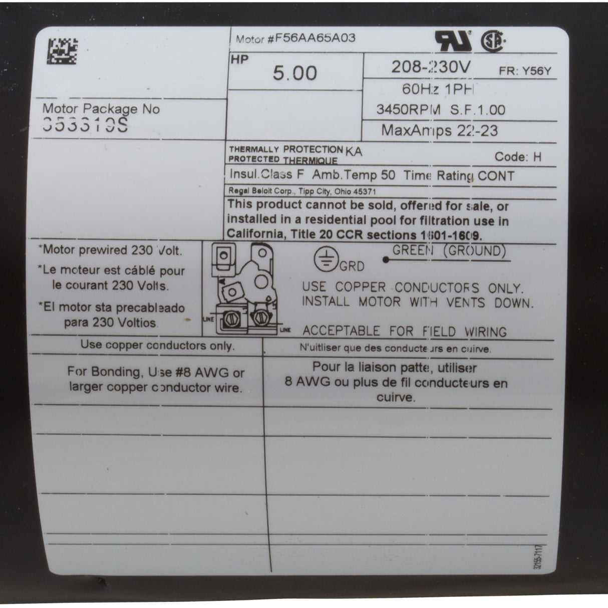 Motor, Pentair, 5.0hp, 230v, 1-Spd, 56Yfr, SQFL : 353319S