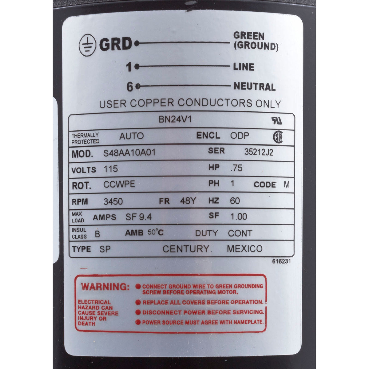 Motor, Century, 0.75 Horsepower, 115v, 1 Speed, 48 Frame : BN24V1