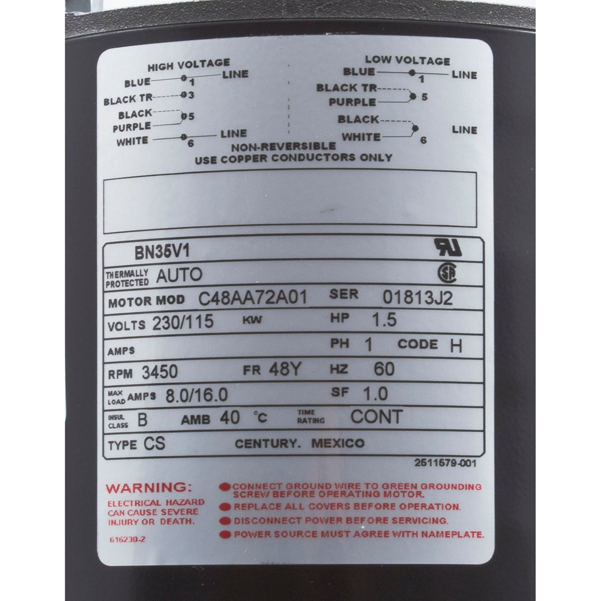 Motor, Century, 1.5 Horsepower, 115v/230v, 1 Speed, 48 Frame : BN35V1