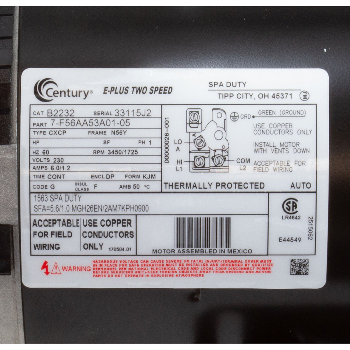 Motor, Century, 1.0 Horsepower, 230v, 2-Speed, 56Y Frame : B2232