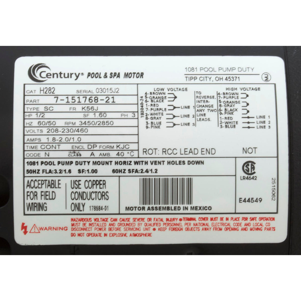 Motor, Century, 0.5hp, 208v-230v/460v, 3ph, 56Jfr, C-Face Thd : H282 - Century - 786674023179 - PartsForSpas.com