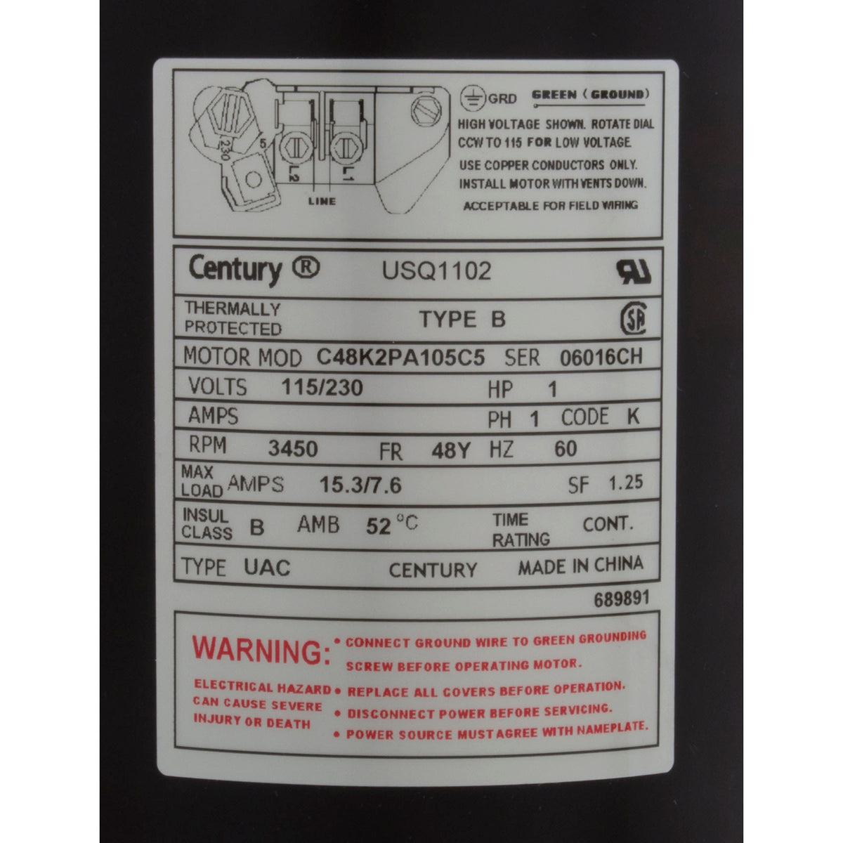 Motor, Century, 1.0hp, 115v/230v, 1-Speed, 48Y Frame : USQ1102
