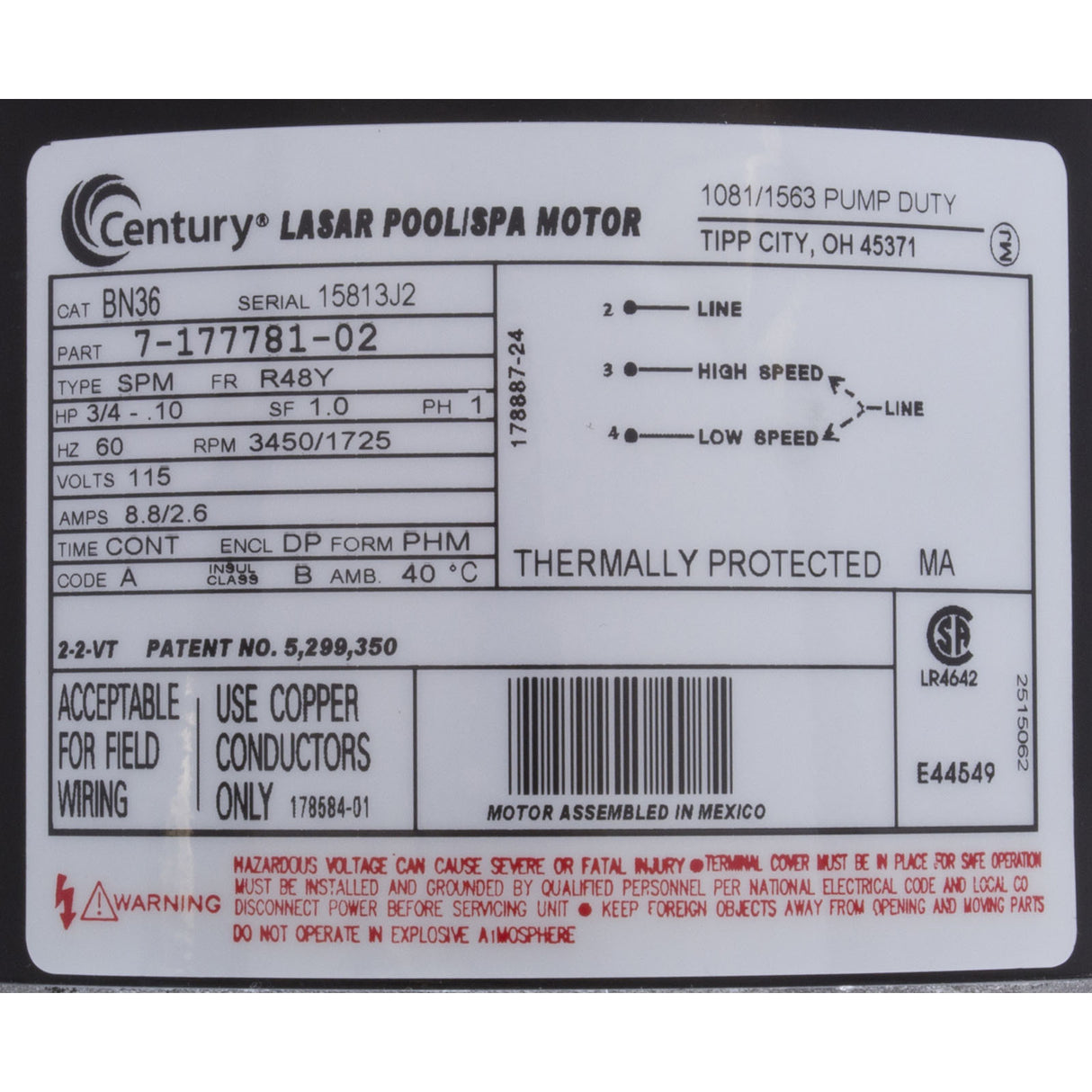 Motor, Century, 0.75 Horsepower, 115v, 2 Speed, 48 Frame : BN36