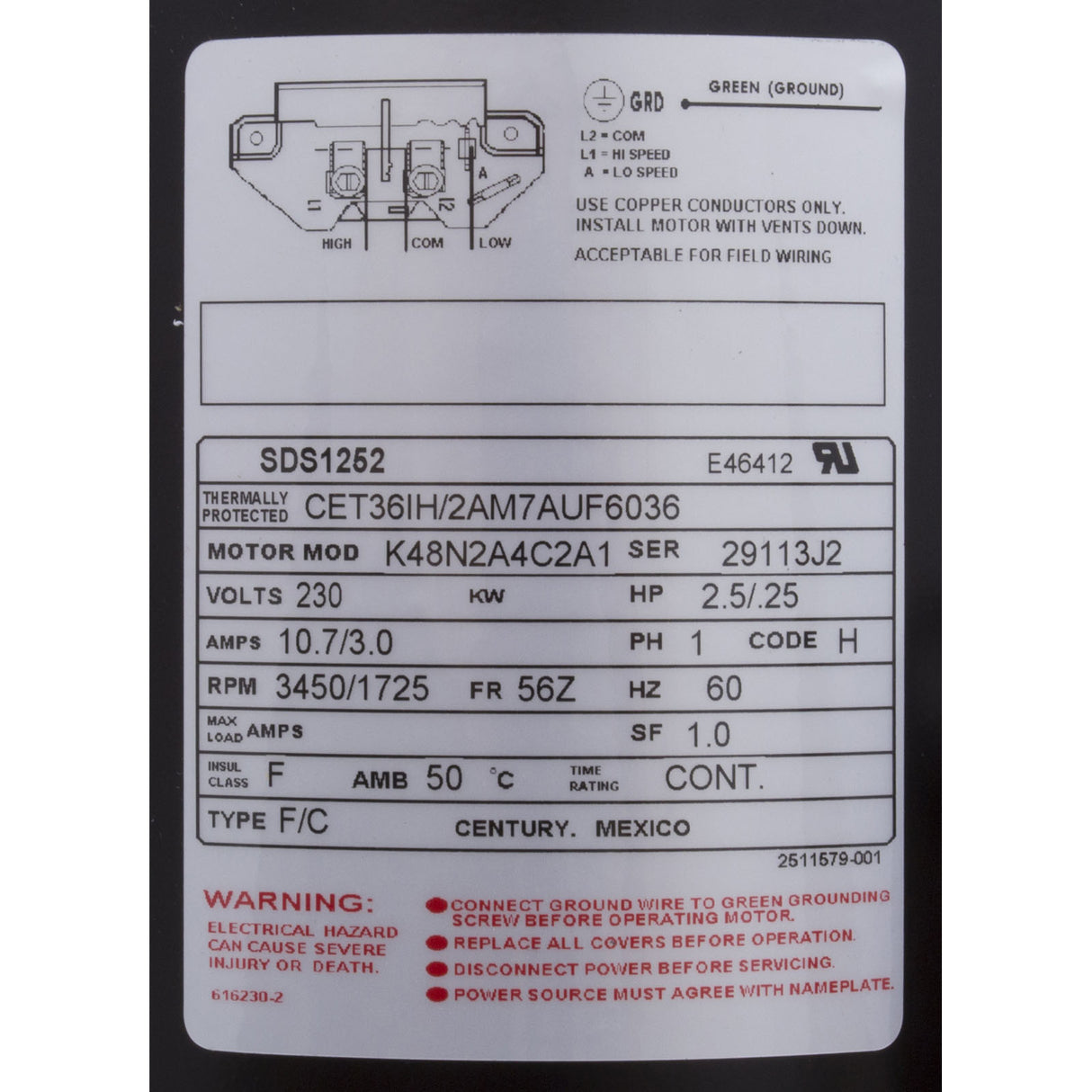 Motor, Century, 2.5 Horsepower, 230v, 2 Speed, 48 Frame : SDS1252