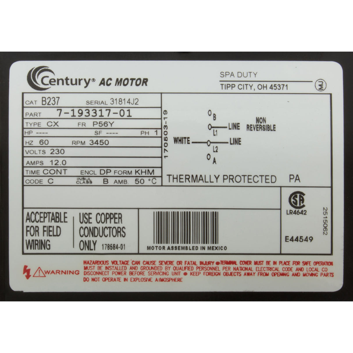 Motor, Century, 3.0 Horsepower, 230v, 1 Speed, 56 Y Frame : B237