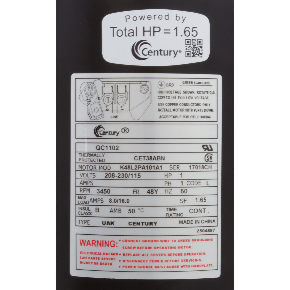 Motor, Century, 1.0hp, 115/208-230v, 1-Spd, 48Yfr, SQFL, Full : QC1102