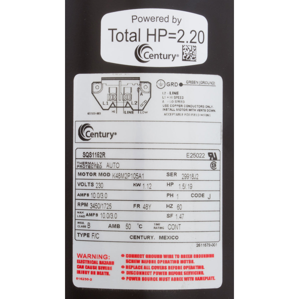 Motor, Century, 1.5hp, 230v, 2-Spd, 48Yfr, SQFL, Full : SQS1152R