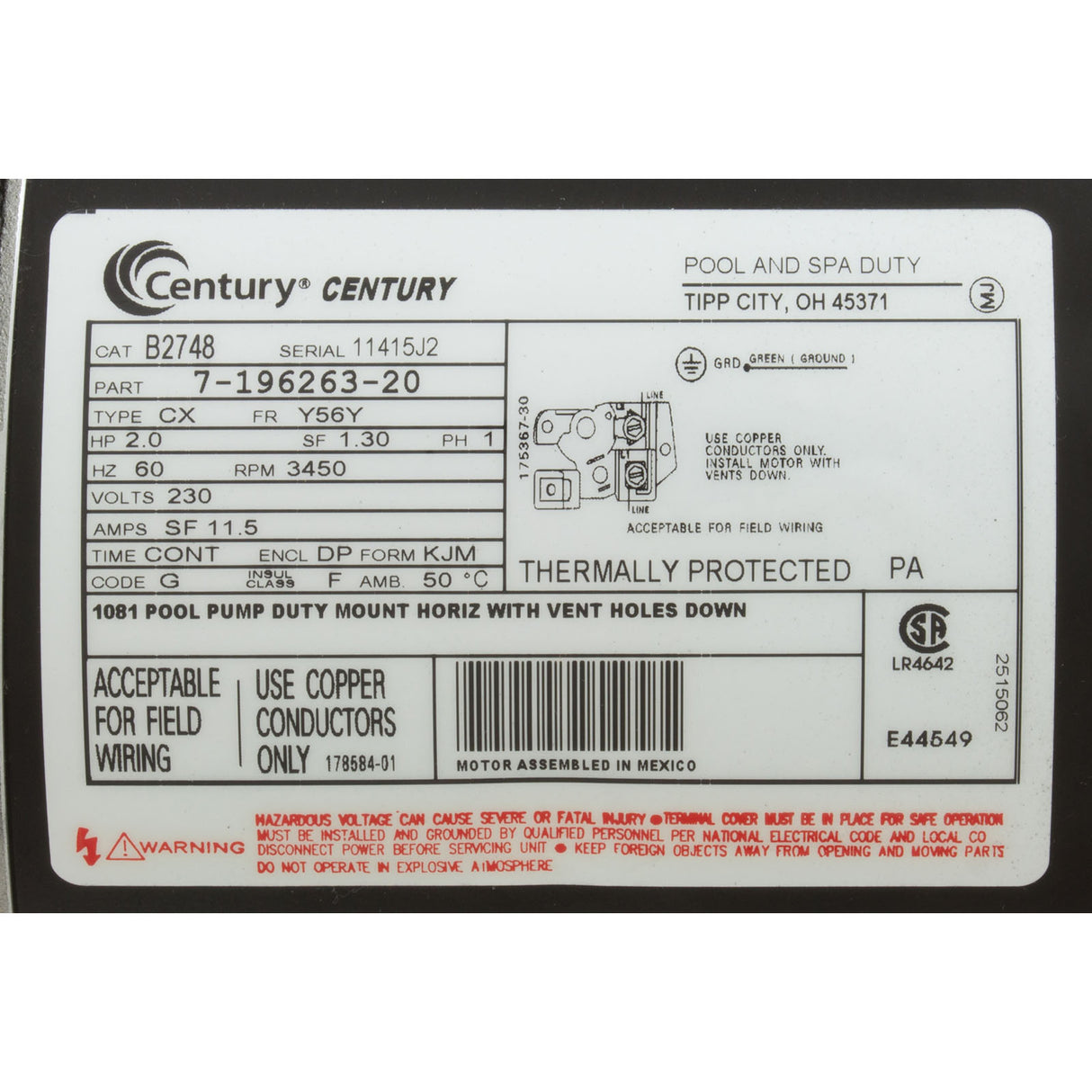 Motor, Century, 2.0hp, 230v, 1-Spd, 56Yfr, SQFL : B2748