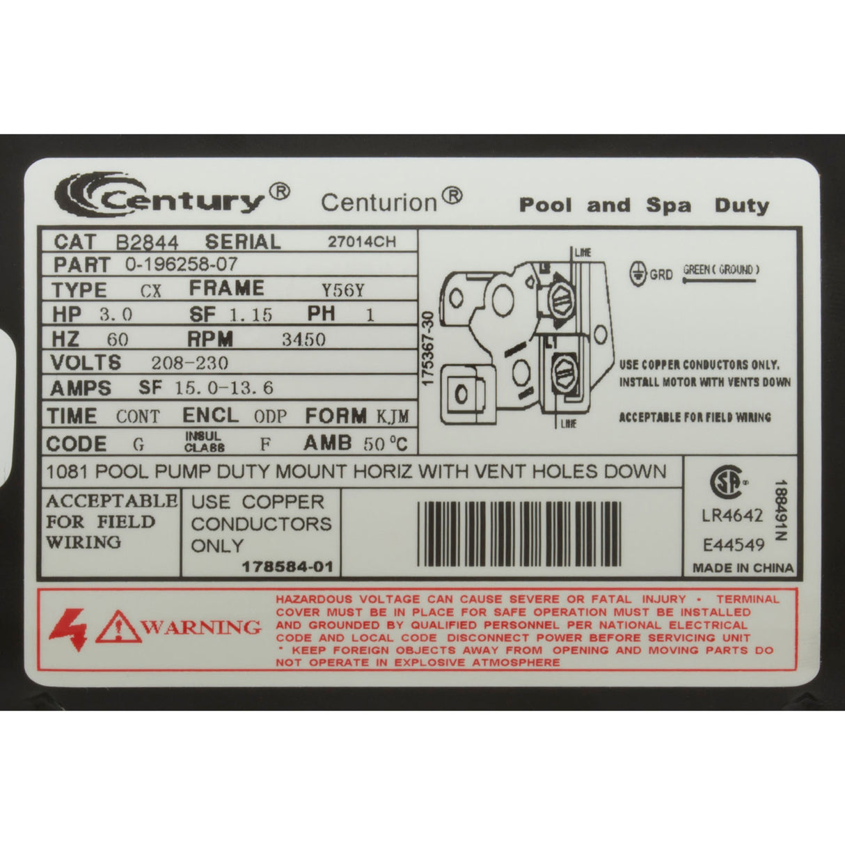 Motor, Century, 3.0hp, 208v-230v, 1-Spd, 56Yfr, SQFL, EE : B2844
