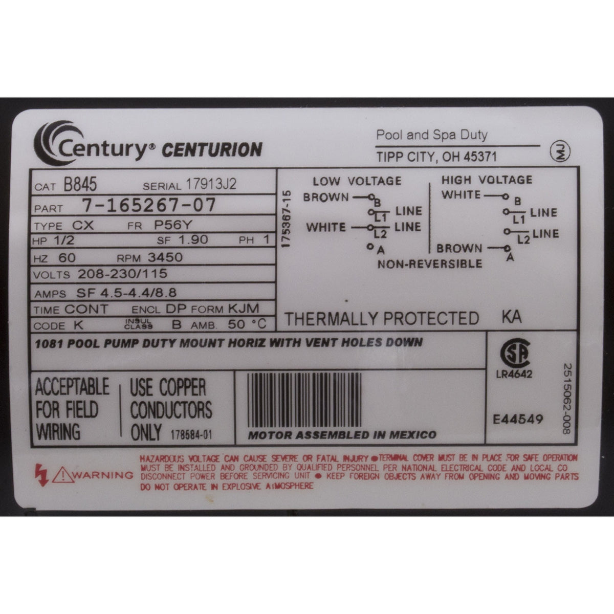 Motor, Century, 0.5hp, 115v/230v, 1-Spd, 56Yfr, SQFL, EE : B845
