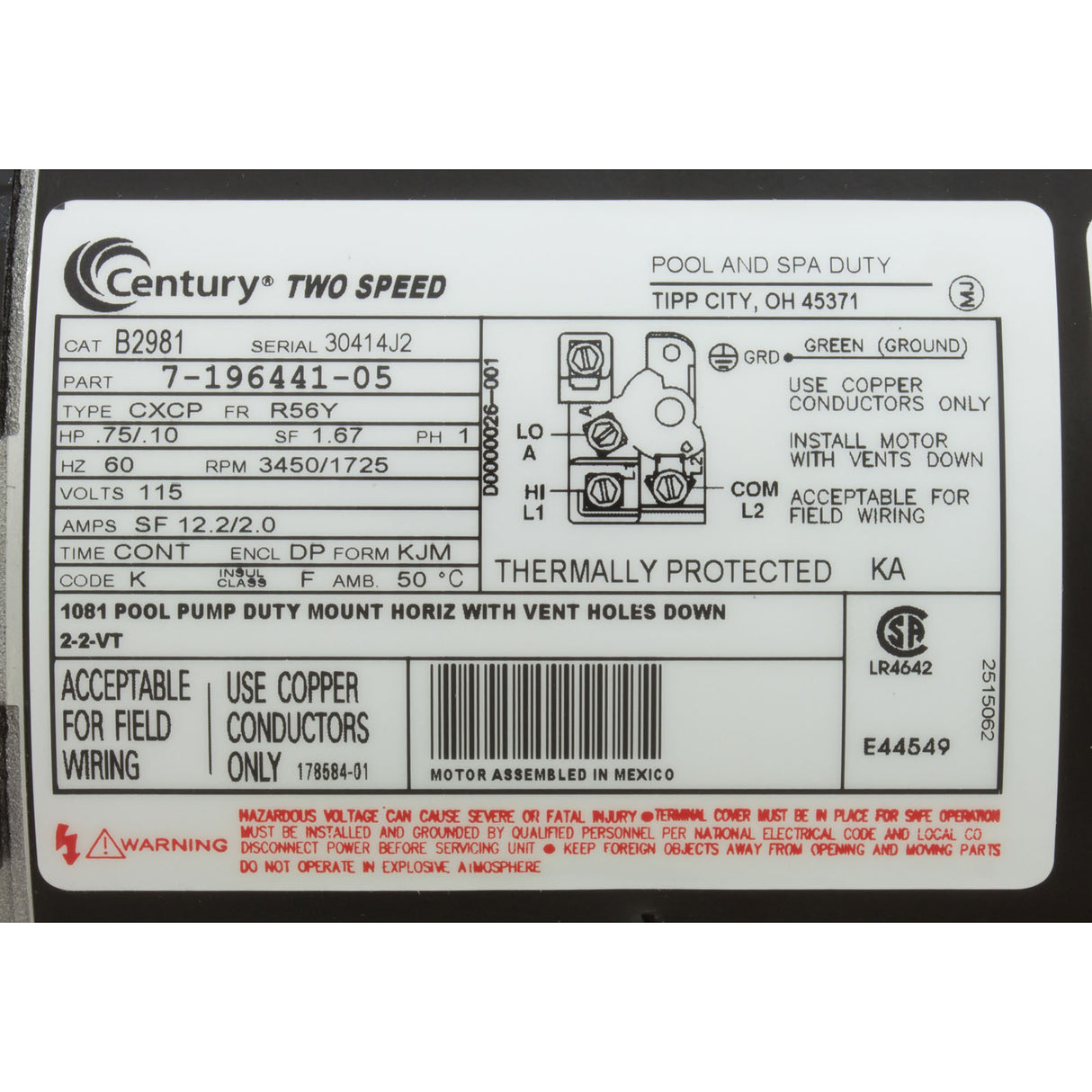 Motor, Century, 0.75hp, 115v, 2-Spd, 56Yfr, SQFL, EE : B2981