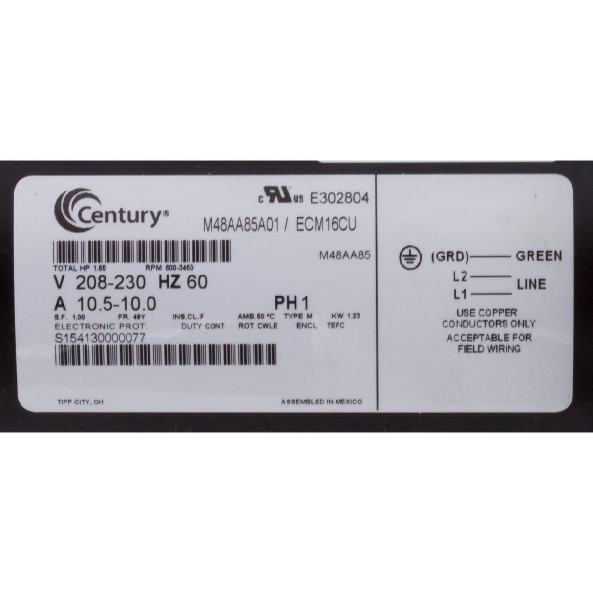 Motor, Century, 208v-230v, Var-Spd, 48fr, C-Face Thd, V-Grn : ECM16CU