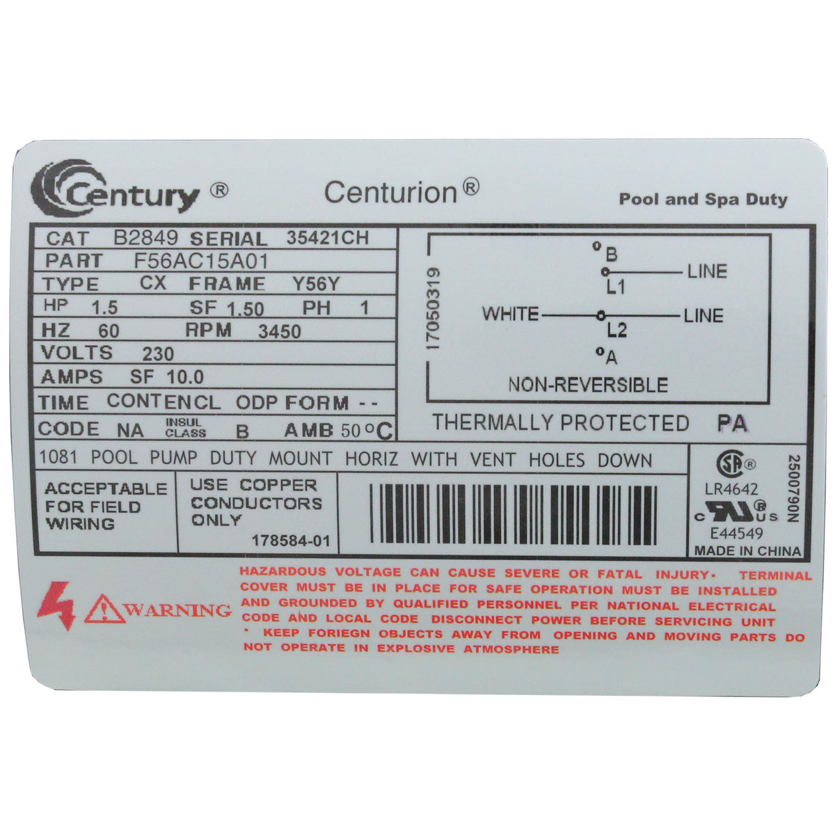 Motor, Century, 1.5hp, 1-Spd, 230v, SQFL, 56Y Frame : B2849