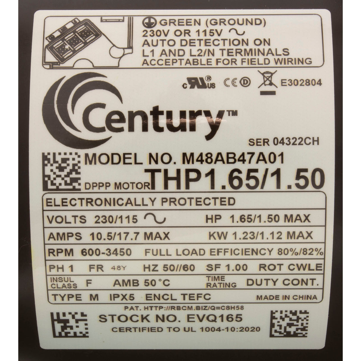 Motor, Century V-Green, 1.65hp, 115V/230V, 1Ph, 48YFr, TEFC : EVQ165