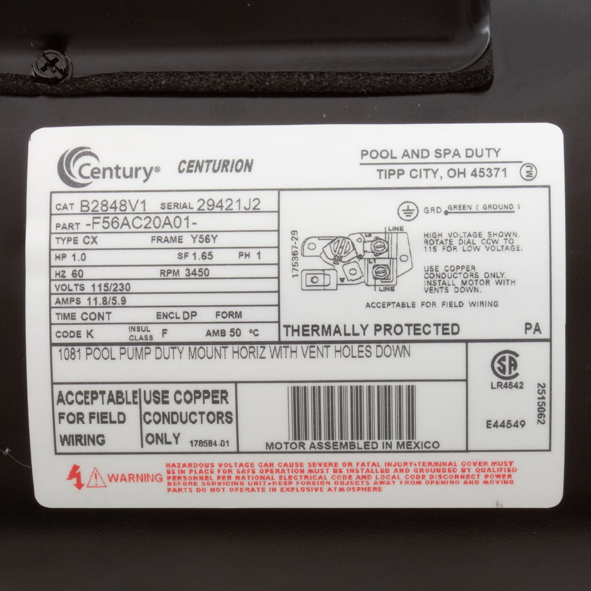 Motor, Century, 1.0hp, 115v/230v, 1-Speed, 56Yfr, SQFL : B2848V1