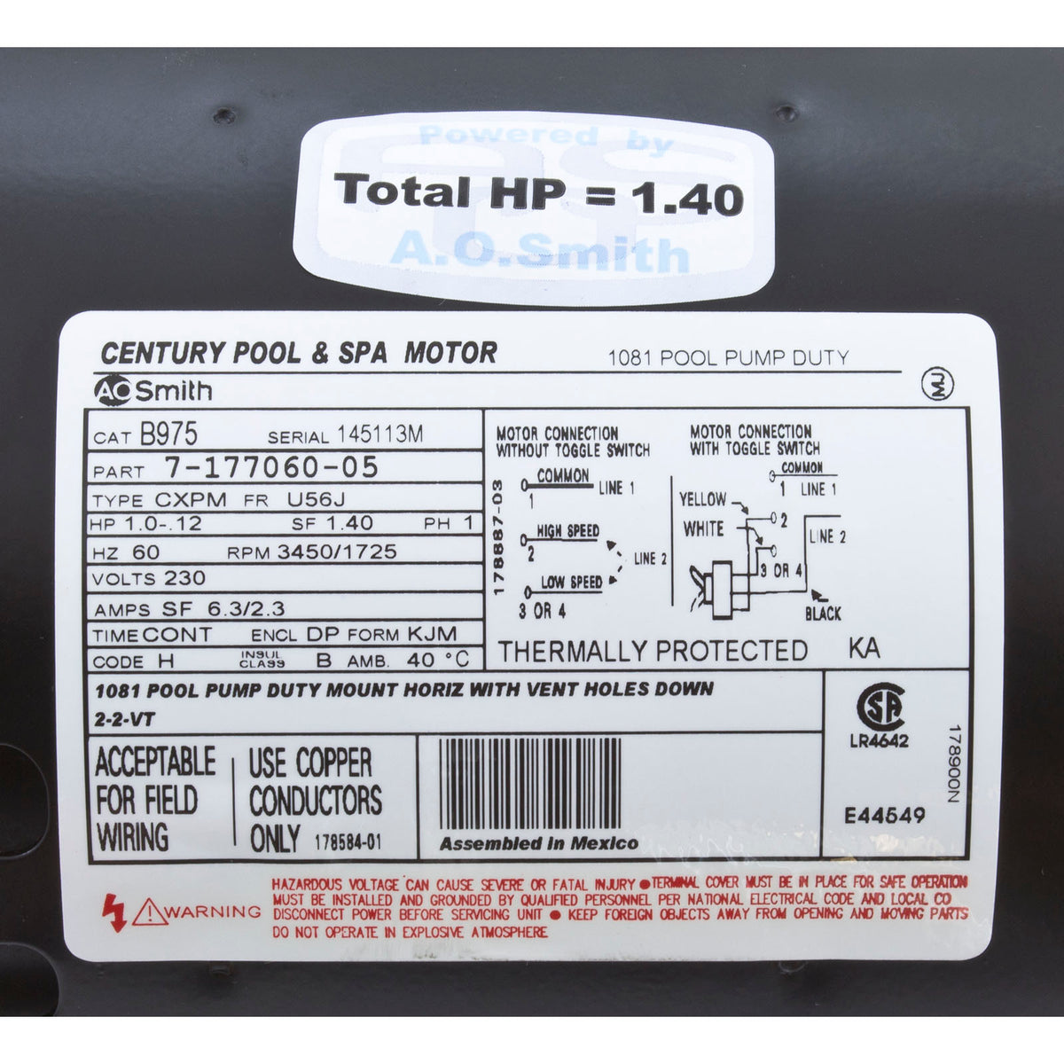 Motor, Century, 1.0hp, 230v, 2-Spd, 56Jfr, C-Face Thd : B2975