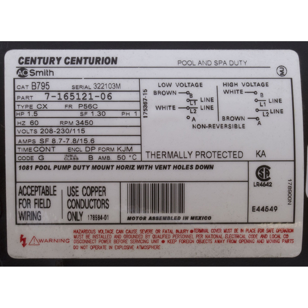 Motor, Century, 1.5hp 115v/208-230v, 1-Spd, 56Cfr, C-Face Key, EE : B795