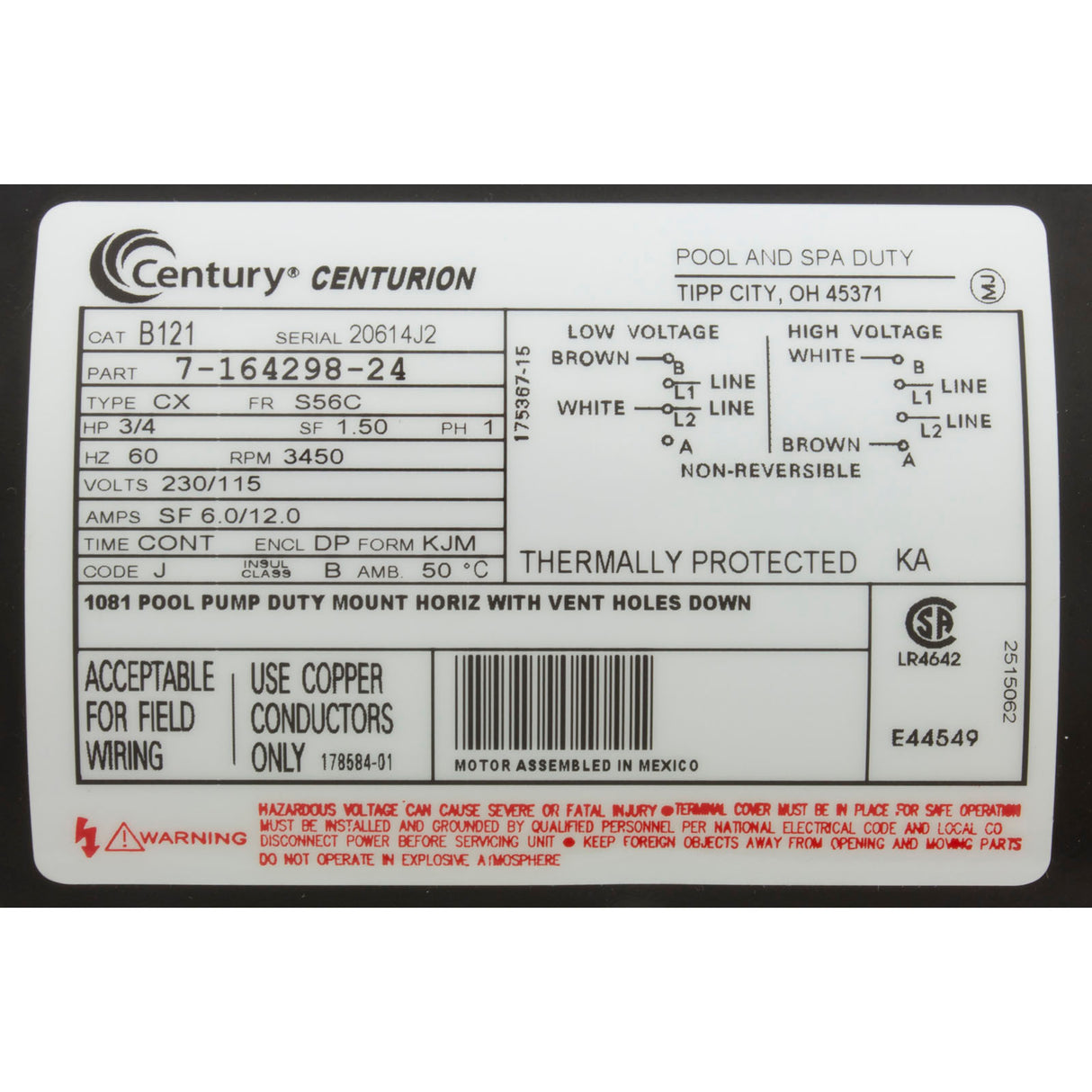 Motor, Century, 0.75hp, 115v/230v, 1-Spd, 56Cfr, C-Face Key : B121