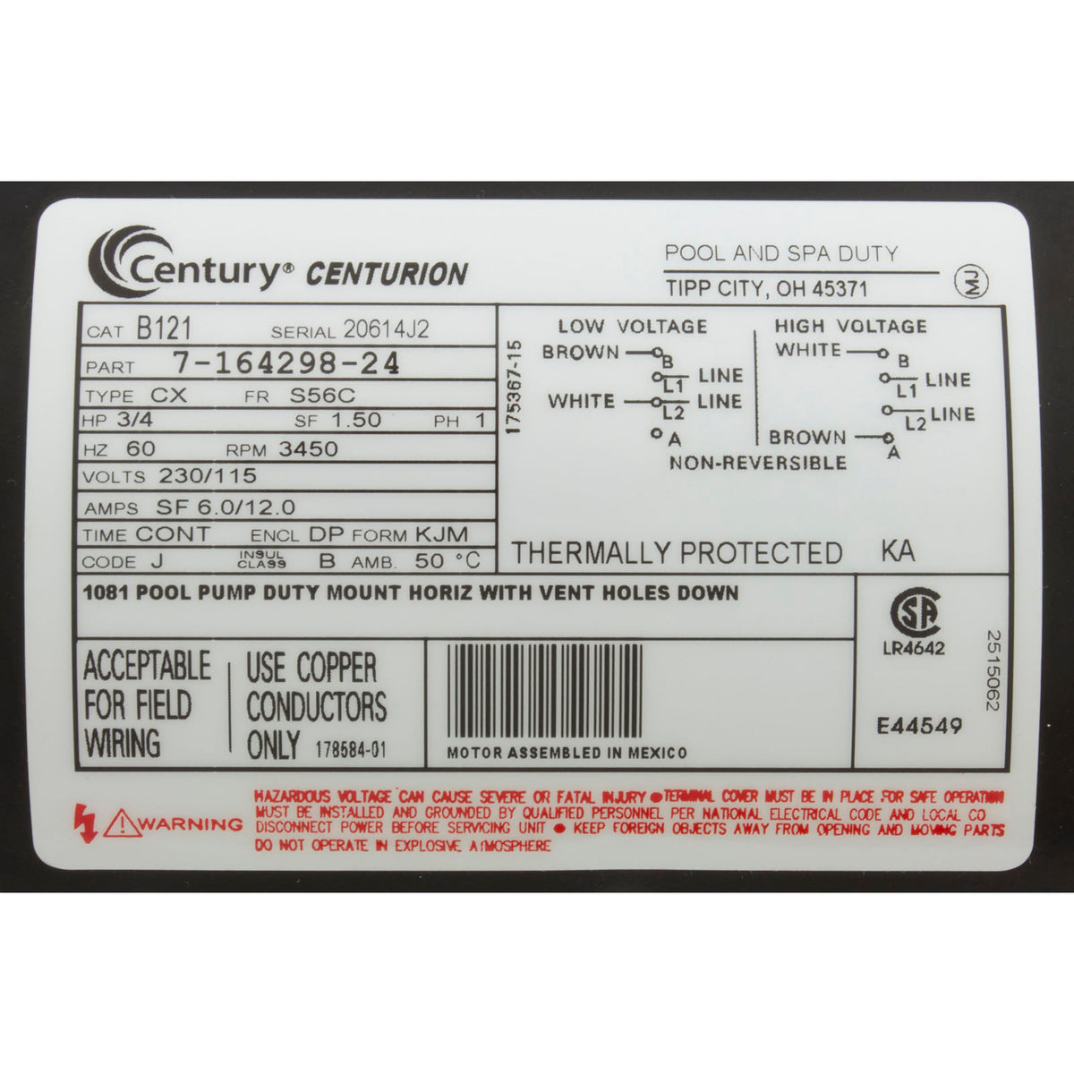 Motor, Century, 0.75hp, 115v/230v, 1-Spd, 56Cfr, C-Face Key : B121
