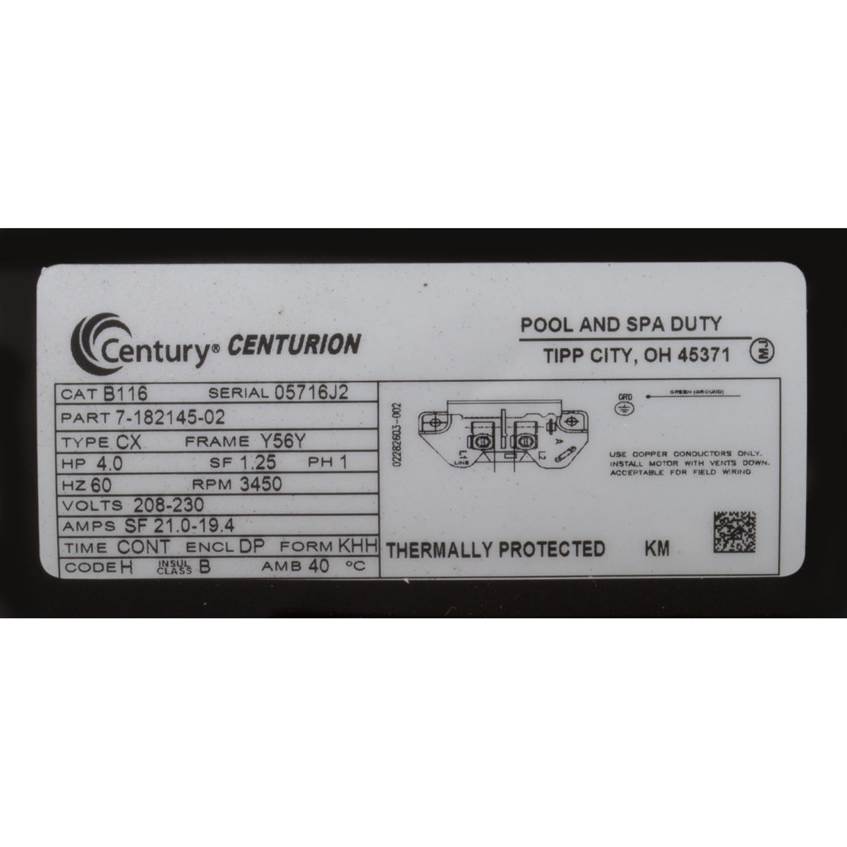 Motor, Century, 4.0hp, 208v-230v, 1-Spd, 56Yfr, C-Face, Thd : B116 - Century - 7.86674E+11 - PartsForSpas.com
