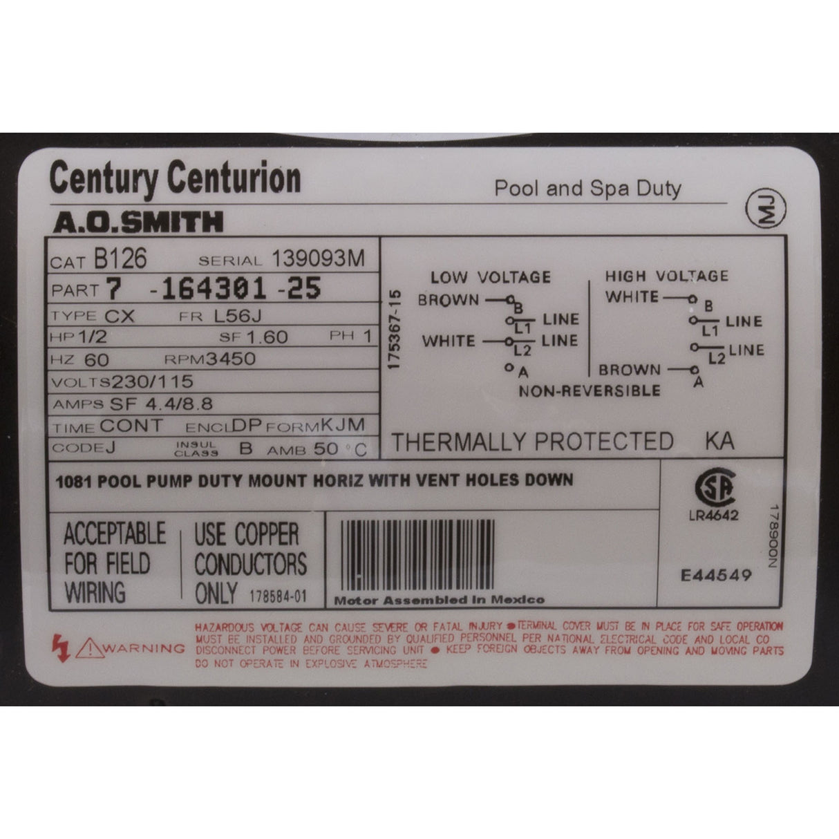 Motor, Century, 0.5hp, 115v/230v, 1-Spd, 56Jfr, C-Face Thd : B126