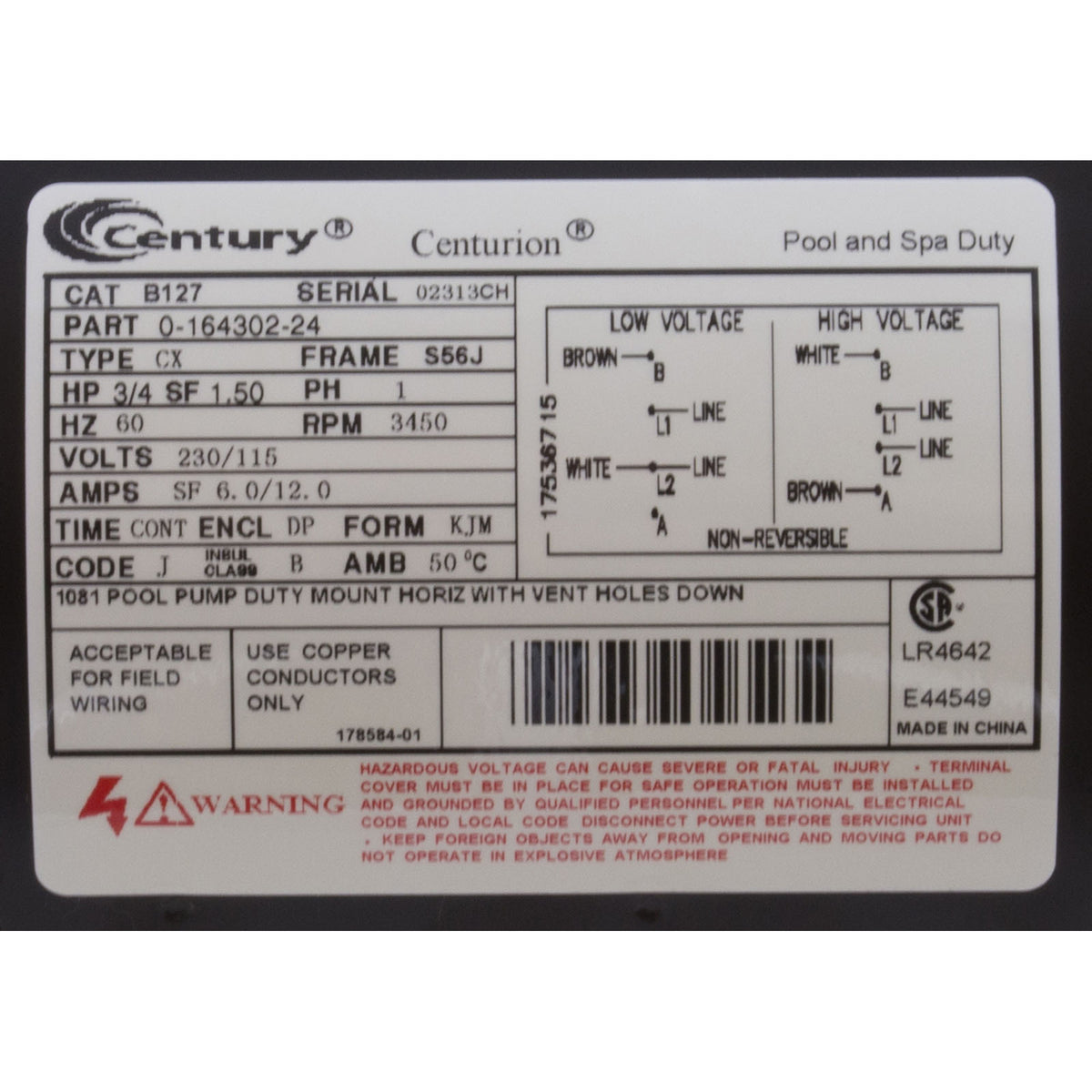 Motor, Century, 0.75hp, 115v/230v, 1-Spd, 56Jfr, C-Face Thd : B127