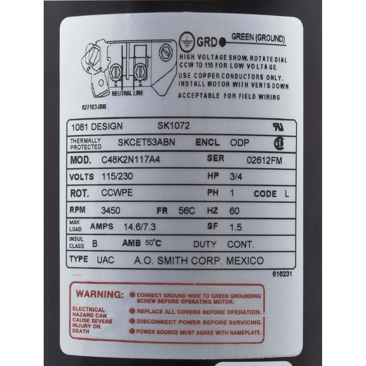 Motor, Century, 0.75hp, 115v/230v, 1-Spd, 56Cfr, C-Face Key : SK1072