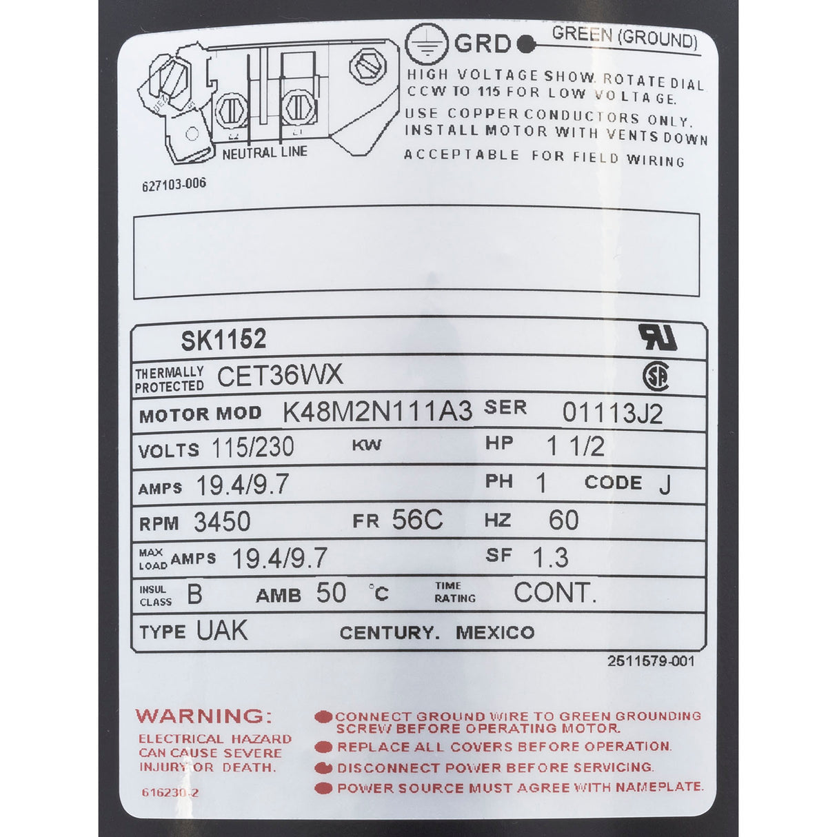 Motor, Century, 1.5hp, 115v/230v, 1-Spd, 56Cfr, C-Face Key : SK1152