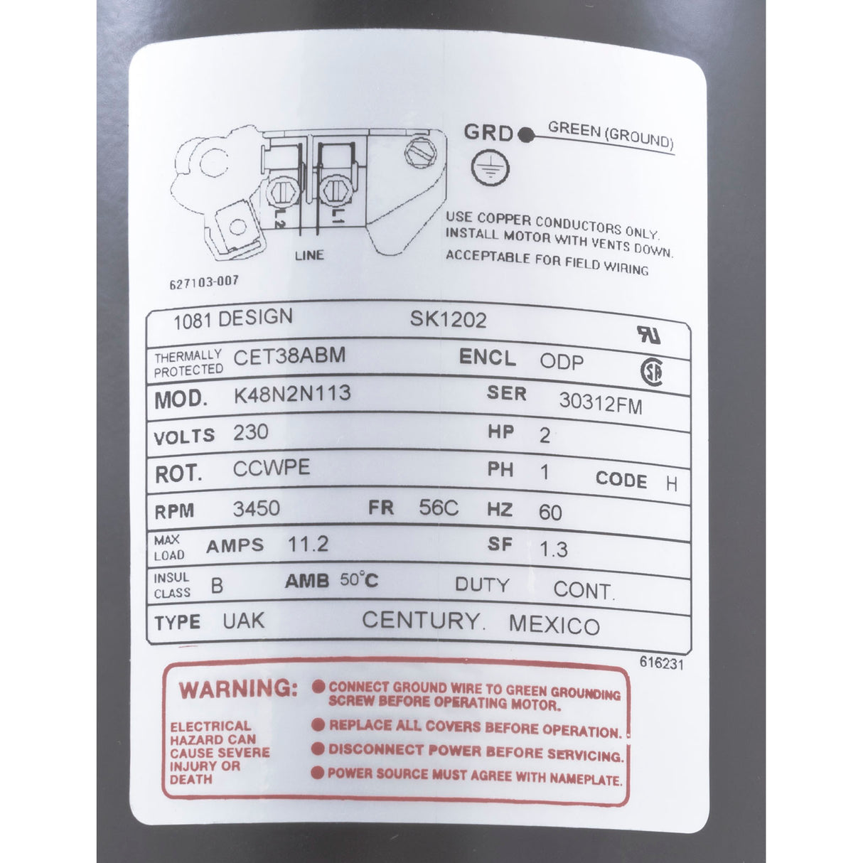 Motor, Century, 2.0hp, 230v, 1-Spd, 56Cfr, C-Face Key : SK1202