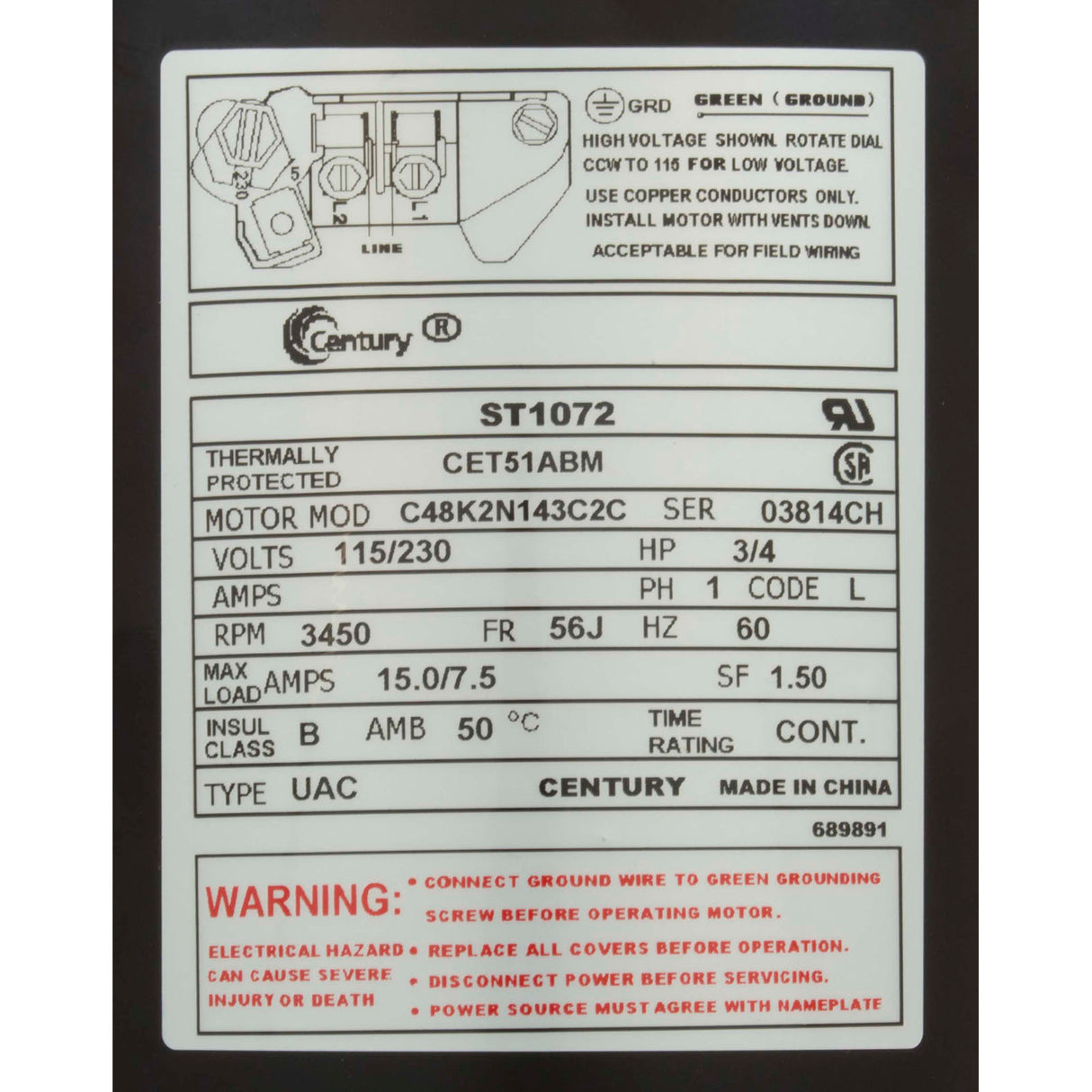 Motor, Century, 0.75hp, 115v/230v, 1-Spd, 56Jfr, C-Face Thd : ST1072