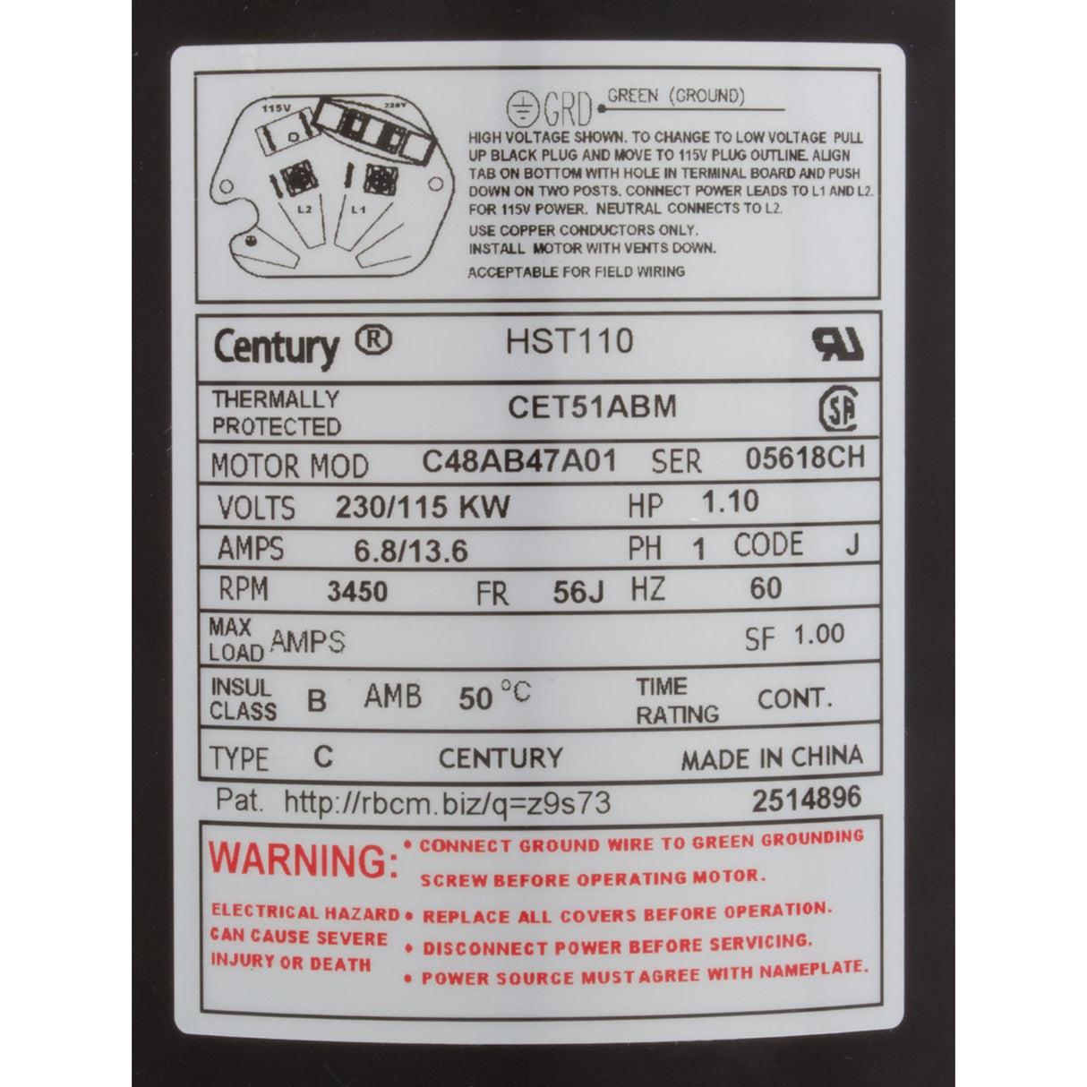 Motor, Century Cent PRO, 1.0hp, 1Spd, 115/230v, CFace, 56Jfr, Thd : HST110