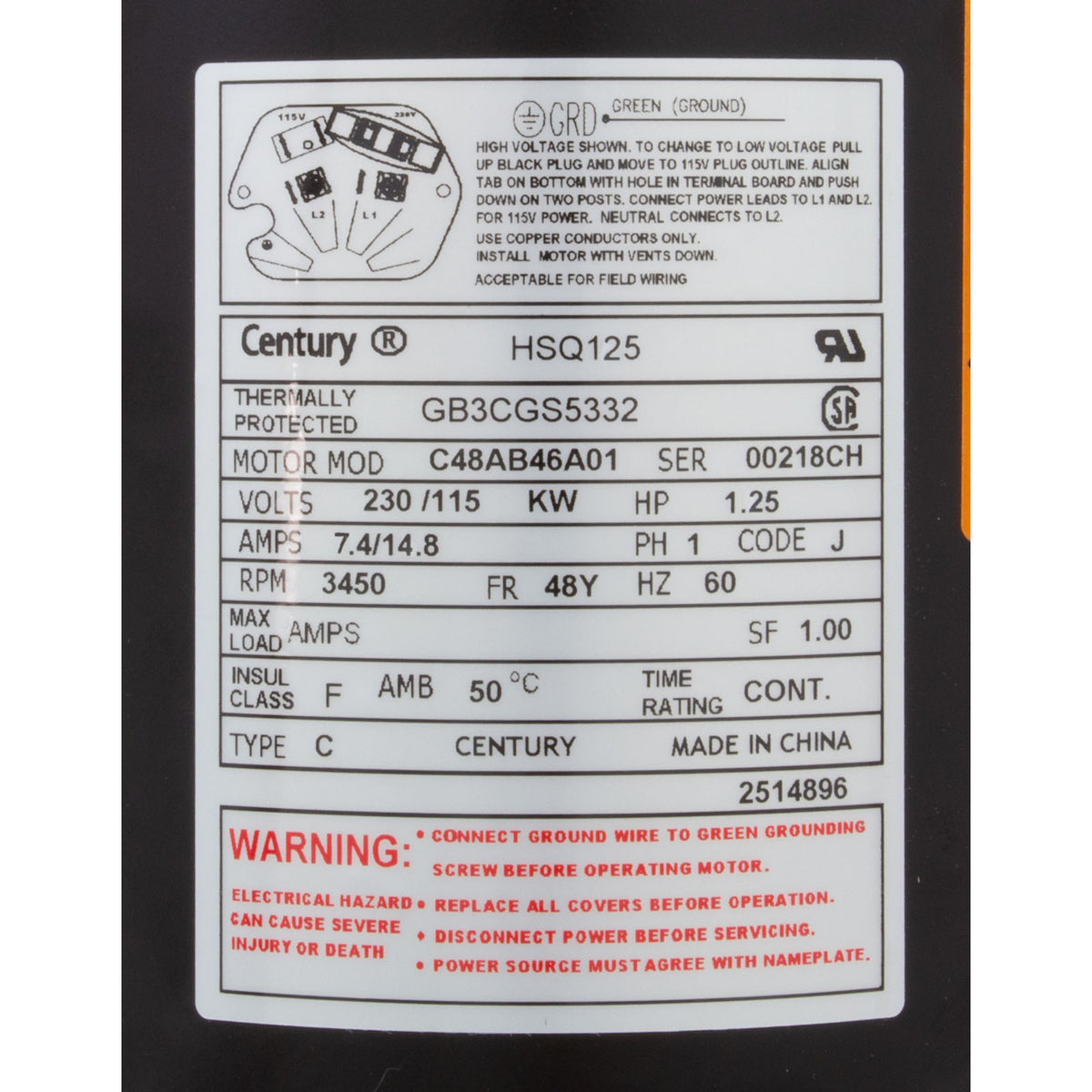Motor, Century Cent PRO, 1.25hp, 115/230v, 1Spd, SQFL, 48Yfr, Thd : HSQ125